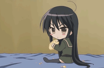 shana, shana-tan, shakugan no shana, shakugan no shana-tan, animated, animated gif, anime screenshot, lowres, 00s, angry, black hair, blinking, bread, chibi, food, melon bread, solo