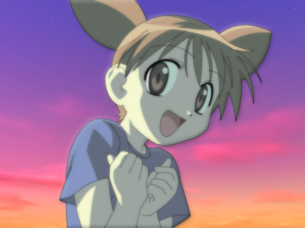 mihama chiyo, azumanga daiou, derivative work, vector trace, 1girl, child, female focus, jumping, looking at viewer, open mouth, red hair, short twintails, solo, star (sky), twintails