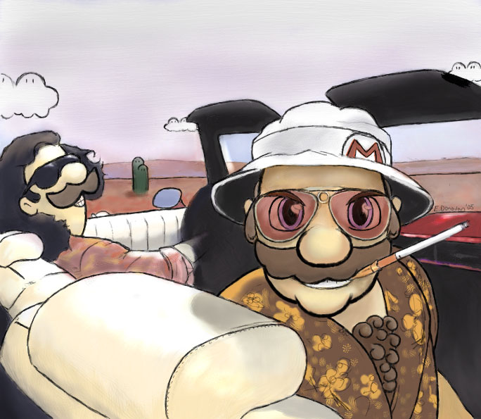 luigi, mario, fear and loathing in las vegas, mario (series), nintendo, super mario bros. 1, 2boys, brothers, cactus, car, car interior, chest hair, cigarette, cigarette holder, crossover, desert, male focus, motor vehicle, multiple boys, mustache, parody, siblings, smoking, sunglasses