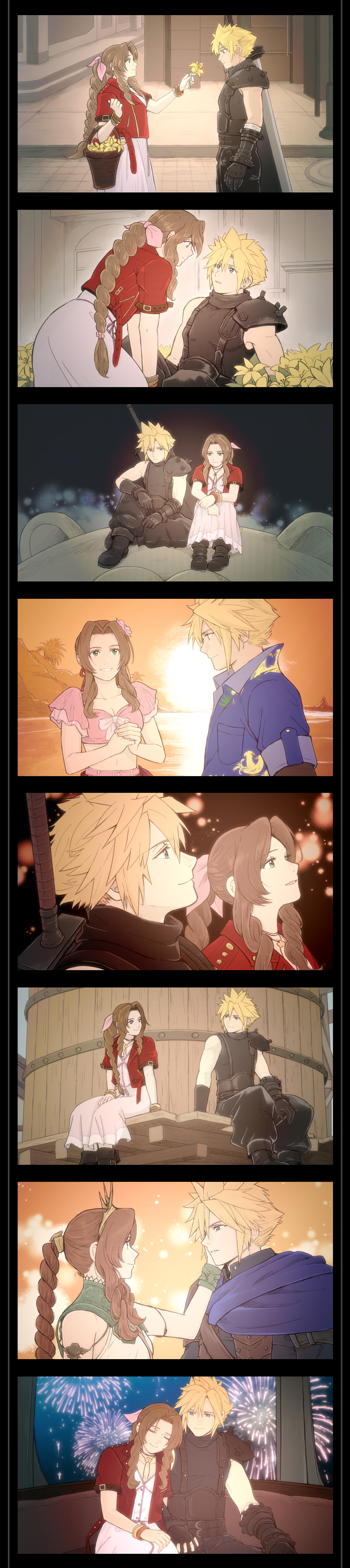 ameiro0814, aerith gainsborough, aerith gainsborough (floral delight), aerith gainsborough (loveless dress), chocobo, cloud strife, cloud strife (alphreid costume), cloud strife (ocean chocobo), final fantasy, final fantasy vii, final fantasy vii rebirth, final fantasy vii remake, absurdres, highres, long image, tall image, 1boy, 1girl, animal print, aqua eyes, armor, armored gloves, bandaged arm, bandages, bangle, bare shoulders, basket, beach, belt, bird print, black boots, black border, black pants, black shirt, blonde hair, blue cloak, blue shirt, boots, border, bracelet, bracer, braid, braided ponytail, breasts, brown boots, buster sword, choker, church, circlet, cleavage, cloak, closed eyes, cobblestone, couple, cowboy shot, crop top, cropped jacket, crown, dress, earrings, fireworks, flower, flower basket, flower bed, flower choker, frilled sleeves, frills, full body, gondola, green eyes, hair between eyes, hair flower, hair ornament, hair ribbon, hairclip, hand on another's cheek, hand on another's face, hawaiian shirt, hetero, holding, holding basket, holding flower, holding hands, hugging own legs, indoors, interlocked fingers, jacket, jewelry, kneeling, lantern festival, leaning on person, leather armor, light smile, lily (flower), long dress, long hair, looking at another, looking up, medium breasts, midriff, multiple belts, multiple views, ocean, official alternate costume, orange background, own hands together, palm tree, pants, parted bangs, parted lips, pauldrons, pink dress, pink flower, pink ribbon, pink shirt, pink skirt, playground, princess rosa costume, print shirt, red jacket, red sarong, ribbon, road, sarong, shirt, shirt under shirt, short hair, shoulder armor, sidelocks, single bare shoulder, single braid, single earring, single pauldron, sitting, skirt, sky lantern, sleeveless, sleeveless turtleneck, smile, spiked hair, street, sunset, suspenders, tree, turtleneck, upper body, water tower, weapon, weapon on back, white dress, yellow flower