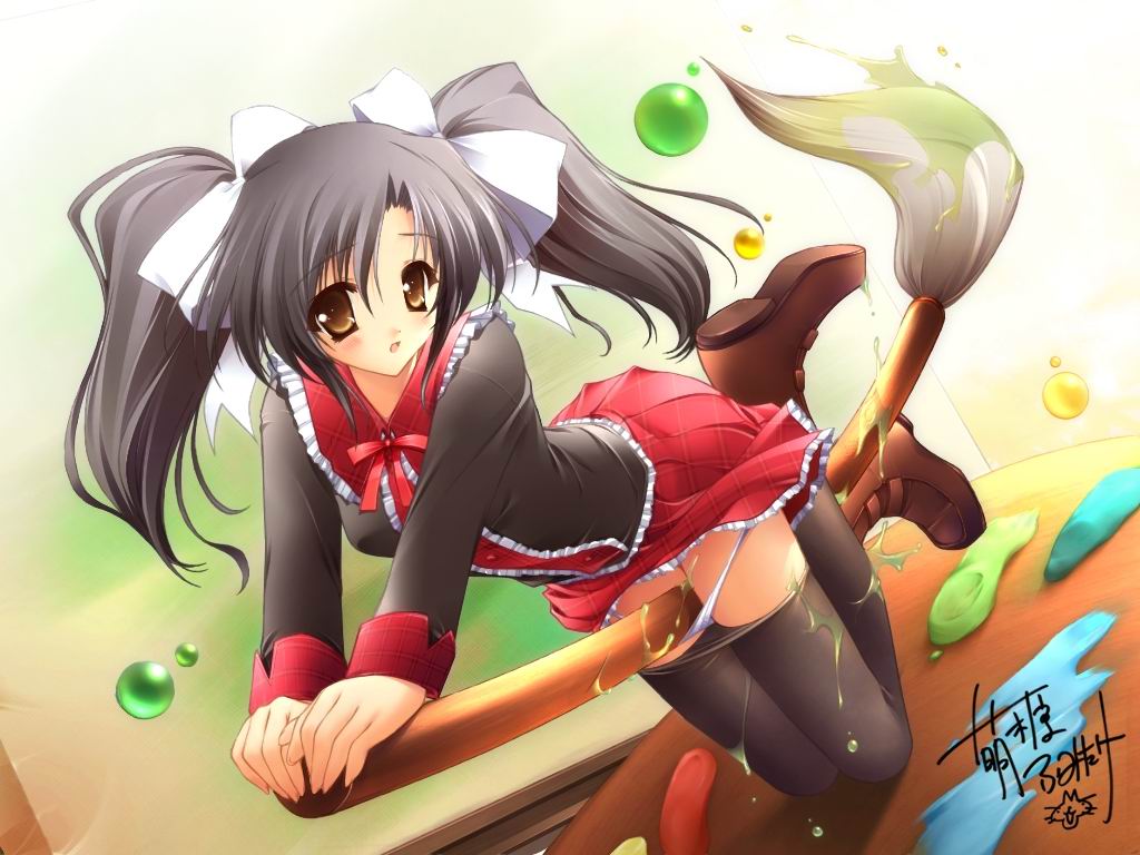 canvas sepia iro no motif, original, 1girl, art brush, black hair, broom, broom riding, canvas (object), female focus, paintbrush, solo, thighhighs, twintails