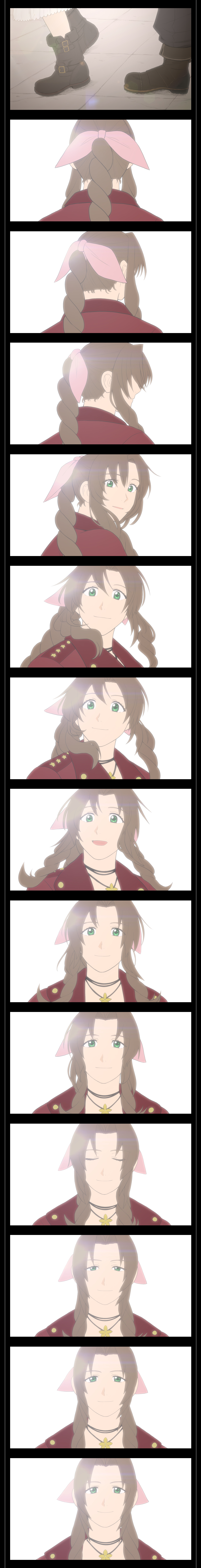 ameiro0814, aerith gainsborough, cloud strife, final fantasy, final fantasy vii, final fantasy vii remake, absurdres, highres, long image, tall image, 1boy, 1girl, baggy pants, black border, black pants, boots, border, braid, braided ponytail, brown boots, brown hair, choker, closed eyes, closed mouth, dress, feet, flower choker, green eyes, hair ribbon, jacket, long dress, long hair, looking at viewer, multiple views, open mouth, pants, parted bangs, pink dress, pink ribbon, red jacket, ribbon, sidelocks, single braid, smile, turning around, upper body, white background