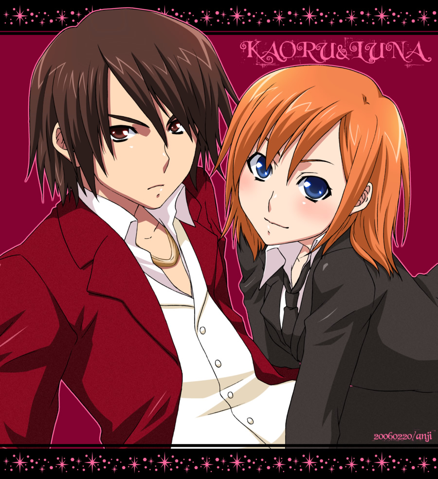 kuroo (project apricot), kaoru (mujin wakusei survive), luna (mujin wakusei survive), mujin wakusei survive, 00s, 1boy, 1girl, blue eyes, formal clothes, jewelry, necklace, necktie, orange hair