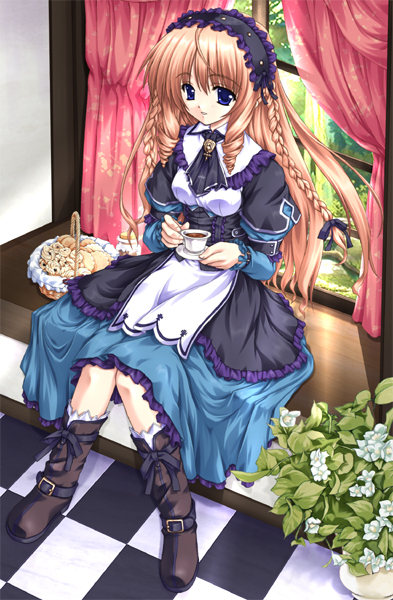 wakou tensui, 1girl, ahoge, basket, blue eyes, boots, braid, brown hair, cookie, cup, curtains, dress, drill hair, female focus, flower, food, goth fashion, hair ribbon, hairband, holding, long hair, ribbon, sitting, solo, tea, teacup, thumbprint cookie, tress ribbon, twin braids, twin drills, twintails, very long hair, window