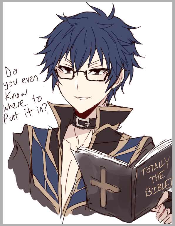 high priest (ragnarok online), ragnarok online, 1boy, astrarunia, black-framed eyewear, black gloves, blue coat, blue hair, book, brown eyes, coat, cross, english text, fingerless gloves, glasses, gloves, grey coat, holding, holding book, looking at viewer, male focus, open mouth, simple background, smile, solo, upper body, white background