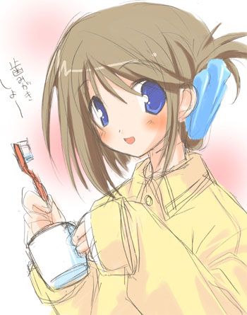 mitsuyuki yuzuna, komaki manaka, to heart (series), to heart 2, lowres, 00s, 1girl, :d, blue eyes, blush, brown hair, cup, female focus, folded ponytail, hair ornament, hair up, hairclip, mug, open mouth, pajamas, short hair, sketch, smile, solo, toothbrush