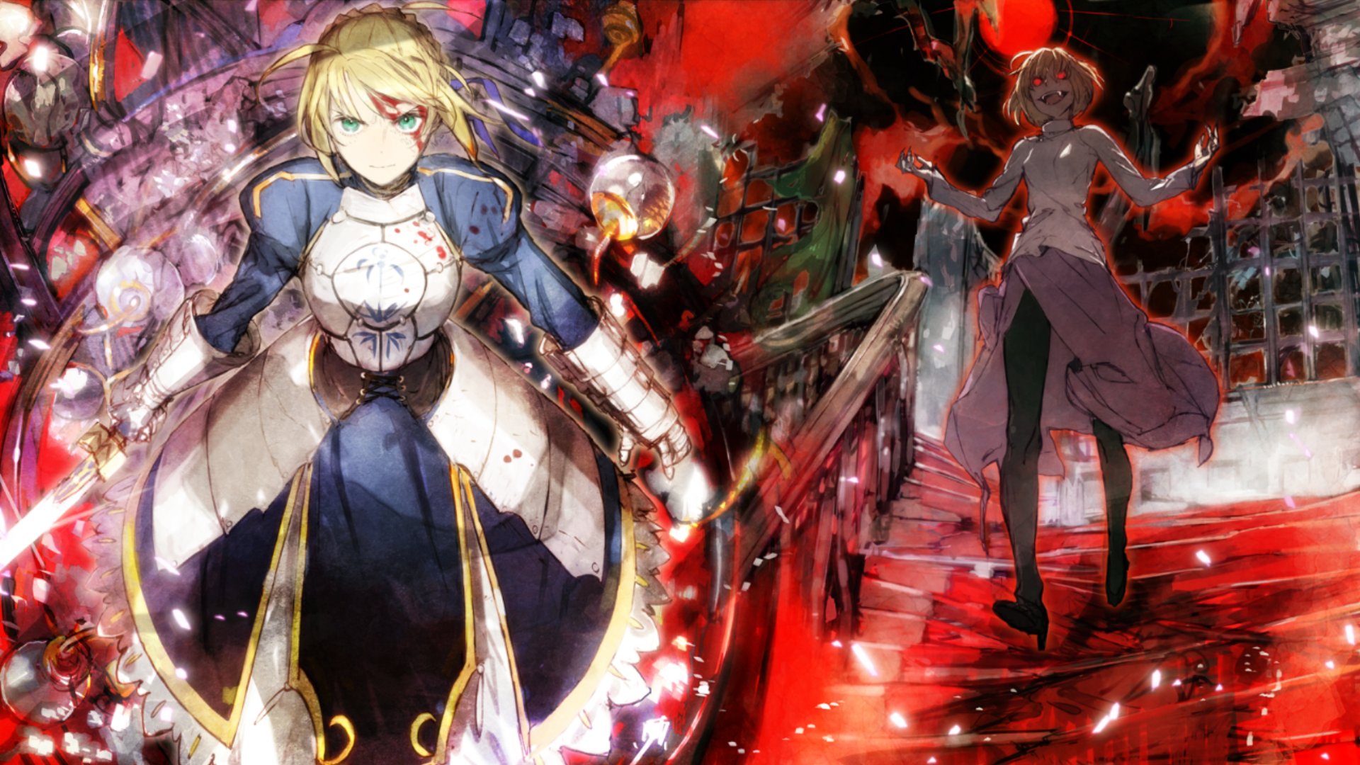 kibadori rue, arcueid brunestud, artoria pendragon (fate), red arcueid, saber (fate), melty blood, melty blood: type lumina, tsukihime, tsukihime (remake), highres, non-web source, official art, 2girls, armor, armored dress, arms at sides, battle, battle damage, black pantyhose, blonde hair, blood, blood on face, blue dress, dress, evil grin, evil smile, excalibur (fate/stay night), fangs, fighting, fighting stance, floating clothes, floating hair, full moon, green eyes, grin, high heels, holding, holding sword, holding weapon, indoors, jewelry, looking at another, moon, multiple girls, necklace, pantyhose, red eyes, red moon, red sky, shaded face, short hair, skirt, sky, smile, stairs, sweater, sword, turtleneck, turtleneck sweater, vampire, walking, weapon