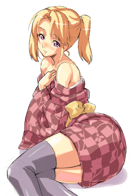 takeda hiromitsu, 1girl, blonde hair, female focus, japanese clothes, off shoulder, ponytail, purple eyes, short hair, solo, thighhighs