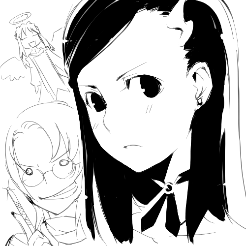 kyo (kuroichigo), juliet nao zhang, natsuki kruger, my-otome, lowres, 00s, 3girls, angel, angel wings, greyscale, monochrome, multiple girls, portrait, wings