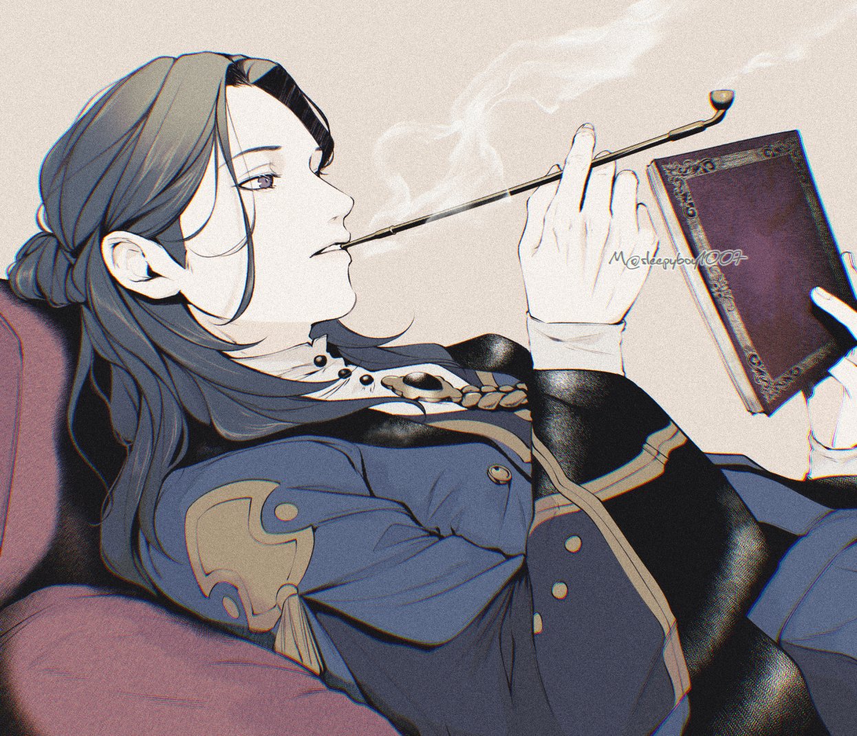 sleepyboy1007, linhardt von hevring, linhardt von hevring (timeskip), fire emblem, fire emblem: three houses, nintendo, commentary request, 1boy, book, from side, green hair, holding, holding book, holding smoking pipe, long hair, long sleeves, lying, male focus, on back, parted bangs, parted lips, pipe in mouth, reading, simple background, smoke, smoke trail, smoking, smoking pipe, solo, twitter username, upper body