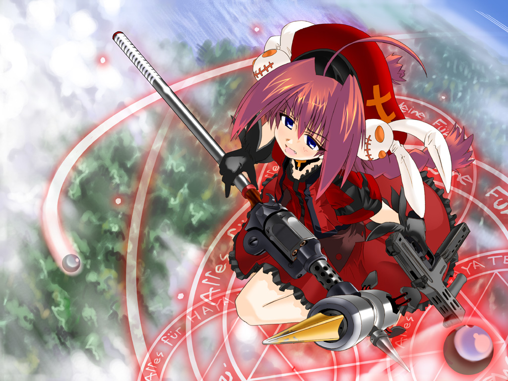 excel (gewalt), graf eisen, vita (nanoha), lyrical nanoha, mahou shoujo lyrical nanoha, mahou shoujo lyrical nanoha a's, 00s, 1girl, ahoge, alternate weapon, asymmetrical dual wielding, beret, blue eyes, cloud, dress, dual wielding, female focus, flying, forest, frilled dress, frills, from above, gun, hair ornament, hat, holding, lolita fashion, magic circle, nature, rabbit hair ornament, red dress, red hair, red hat, solo, submachine gun, weapon