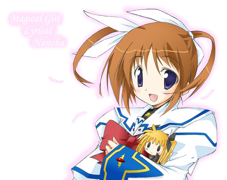 yukino kou, fate testarossa, takamachi nanoha, lyrical nanoha, mahou shoujo lyrical nanoha, 00s, 1girl, :d, blue eyes, blush stickers, bow, bowtie, brown hair, character doll, cloak, doll, female focus, hair tie, holding, open mouth, red bow, smile, solo, twintails