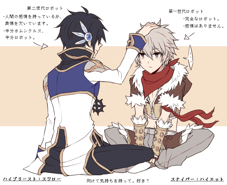 high priest (ragnarok online), sniper (ragnarok online), ragnarok online, translation request, 2boys, armband, astrarunia, bandana, black hair, black pants, blue coat, brown background, brown gloves, brown shirt, brown shorts, closed mouth, coat, crop top, cross of prontera, expressionless, fingerless gloves, full body, fur-trimmed gloves, fur-trimmed shirt, fur-trimmed shorts, fur trim, gloves, grey pants, headpat, looking at another, male focus, multiple boys, pants, pants under shorts, red bandana, robot ears, shirt, short hair, shorts, sitting, sleeveless, sleeveless shirt, two-tone background, two-tone shirt, white background, white coat