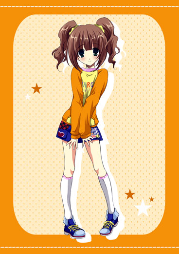 yukiwo, takatsuki yayoi, idolmaster, idolmaster (classic), idolmaster 1, 00s, 1girl, blue eyes, brown hair, female focus, green eyes, kneehighs, legs, looking at viewer, pigeon-toed, raglan sleeves, shoes, skirt, smile, sneakers, socks, solo, star (symbol), twintails, v arms, white socks