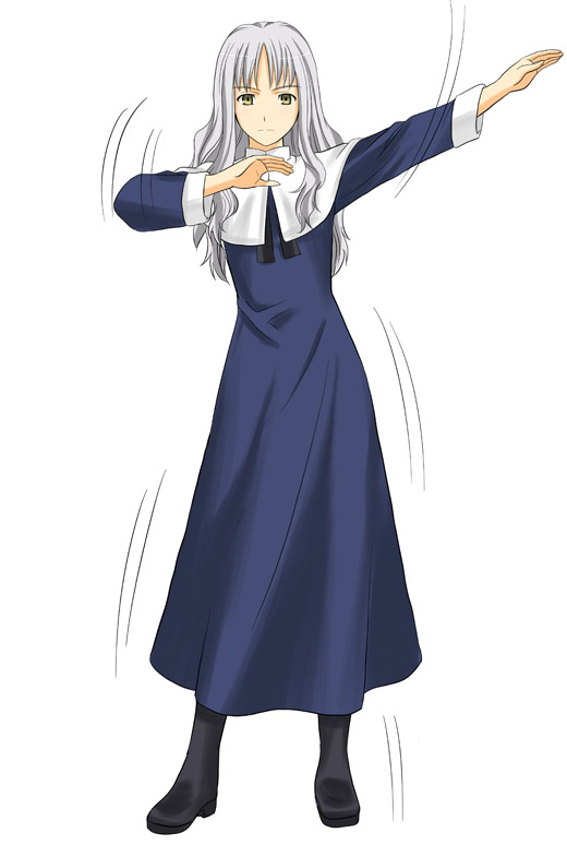 toshibou (satsukisou), caren hortensia, fate/hollow ataraxia, fate/stay night, fate (series), silver hair, 00s, 1girl, blue dress, brown eyes, dress, female focus, frown, full body, long hair, long sleeves, looking at viewer, motion lines, outstretched arm, sidelocks, simple background, solo, standing, white background