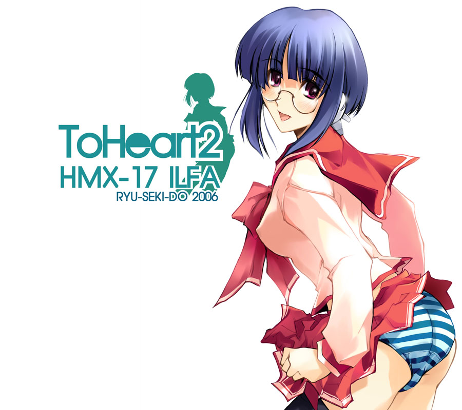 nagare hyougo, ilfa (to heart), to heart (series), to heart 2, 00s, ass, black thighhighs, blue hair, blue panties, blush, bow, glasses, looking back, miniskirt, panties, pleated skirt, purple eyes, robot ears, school uniform, serafuku, short hair, short hair with long locks, skirt, skirt tug, solo, striped clothes, striped panties, thighhighs, underwear, wind, wind lift