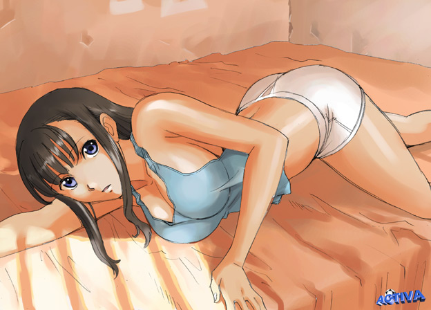 moriya naoki, original, wall, 1girl, arm support, artist name, ass, back, bare shoulders, bed, black hair, blue eyes, blue shirt, breasts, cleavage, collarbone, female focus, fingernails, huge breasts, indoors, large breasts, legs, lingerie, long hair, looking at viewer, lying, midriff, on bed, on side, outstretched arm, panties, pants, parted lips, shiny skin, shirt, shorts, sideboob, sidelocks, solo, sunlight, tank top, thighs, underwear, watermark, white panties, white pants