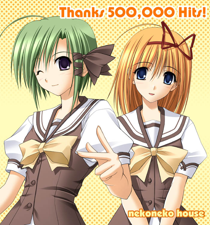takepon, fuyou kaede, shigure asa, shuffle!, 00s, blue eyes, green hair, one eye closed, orange hair, purple eyes, ribbon, school uniform, serafuku, short hair, skirt, smile, wink