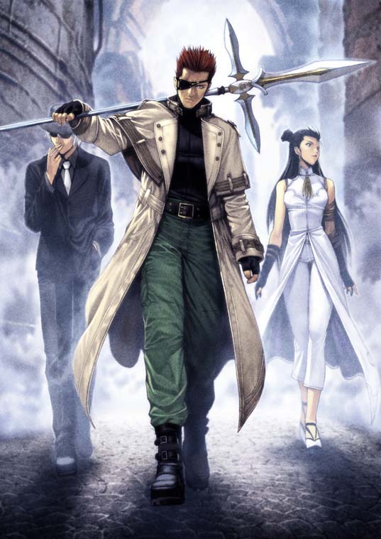 homare (fool's art), batu harai, hyuuga gennojou, kim mihee, alfa system, shikigami no shiro, shikigami no shiro iii, taito, 1girl, 2boys, black gloves, black hair, boots, brown hair, coat, eyepatch, fedora, fingerless gloves, fog, formal clothes, gloves, hat, long hair, multiple boys, polearm, short hair, suit, trench coat, walking, weapon, white hair