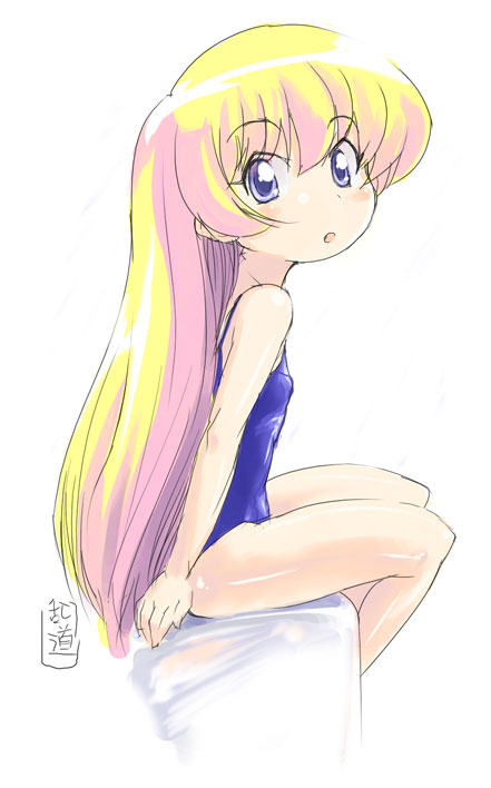 randou, rebecca miyamoto, pani poni dash!, 00s, 1girl, blonde hair, blue eyes, female focus, long hair, one-piece swimsuit, school swimsuit, sitting, solo, swimsuit