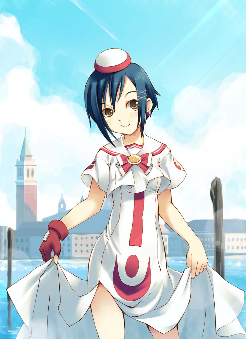 inato serere, aika granzchesta, aria (manga), 00s, 1girl, blue hair, clothes lift, earrings, female focus, fingerless gloves, gloves, hat, jewelry, lifting own clothes, neo-venezia, red gloves, short hair, skirt, skirt hold, skirt lift, smile, solo, yellow eyes