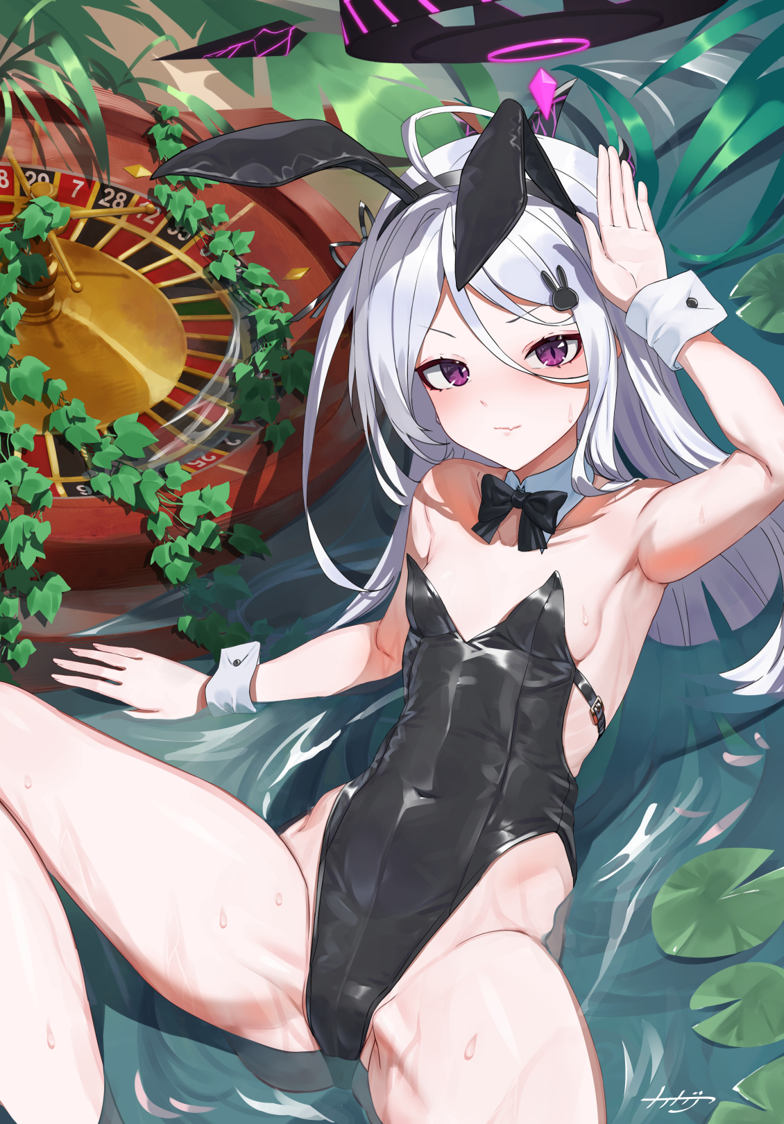 arpeggio kaga, hina (blue archive), blue archive, highres, 1girl, alternate costume, animal ear hairband, animal ears, arm up, armpits, bare legs, bare shoulders, black bow, black bowtie, black hairband, black halo, black leotard, blush, bow, bowtie, breasts, bunny day, closed mouth, covered navel, detached collar, fake animal ears, fang, feet out of frame, gluteal fold, groin, hair between eyes, hair ornament, hairband, hairpin, halo, highleg, highleg leotard, horns, leotard, loli, long hair, looking at viewer, lying, on back, oversized breast cup, playboy bunny, purple eyes, rabbit ears, rabbit hair ornament, roulette, skin fang, small breasts, smile, solo, spread legs, strapless, strapless leotard, sweatdrop, thighs, very long hair, water, wet, white hair, wrist cuffs