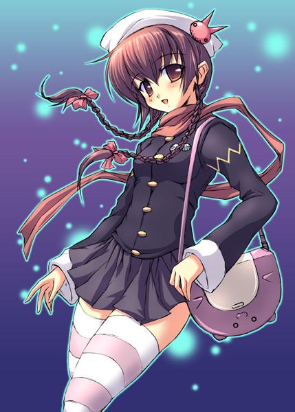akamatsu ken, shimazu yoshino, maria-sama ga miteru, 00s, 1girl, bag, beret, braid, brown eyes, brown hair, female focus, hair ribbon, handbag, hat, ribbon, scarf, snow, snowing, solo, striped clothes, striped thighhighs, thighhighs, tress ribbon, twin braids
