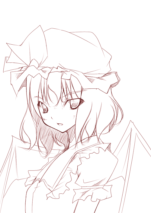 nakamura kusata, remilia scarlet, touhou, 1girl, bat wings, female focus, hat, monochrome, short hair, solo, wings