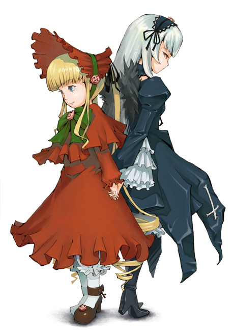 tanatelier, shinku, suigintou, rozen maiden, white legwear, 00s, 2girls, back-to-back, blonde hair, bonnet, bow, dress, flower, hair ornament, holding hands, interlocked fingers, long hair, multiple girls, red dress, shoes