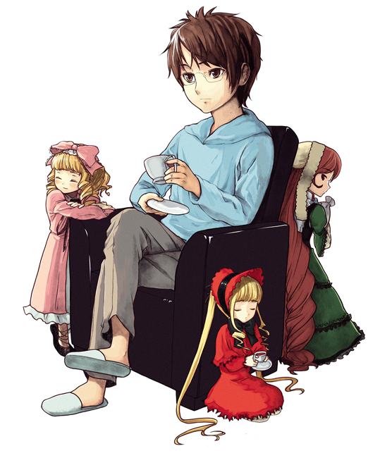 b-ginga, hinaichigo, sakurada jun, shinku, suiseiseki, rozen maiden, 00s, 1boy, 3girls, armchair, blonde hair, bonnet, bow, brown hair, chair, closed eyes, crossed legs, cup, dress, full body, glasses, goth fashion, green dress, hair bow, headscarf, heterochromia, lolita fashion, long hair, long sleeves, multiple girls, pants, pink bow, pink dress, red dress, seiza, short hair, simple background, sitting, slippers, tea, teacup, twintails, very long hair, white background, white headscarf