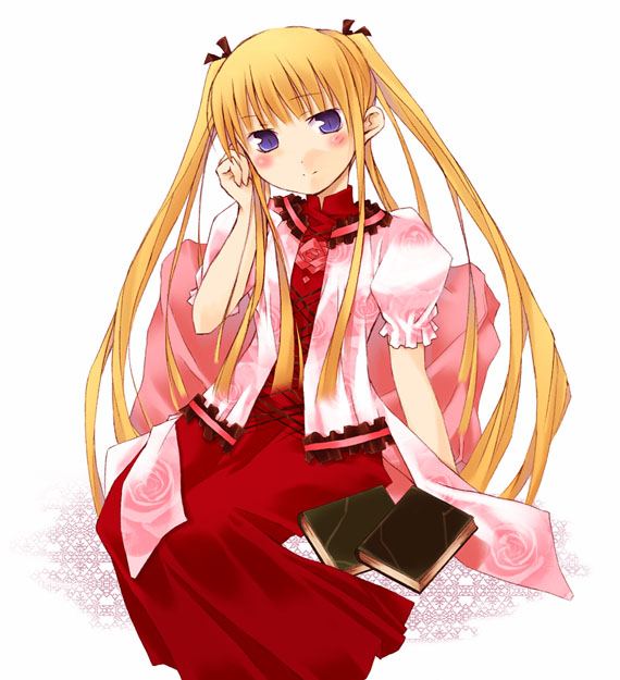 nu (plastic eraser), shinku, rozen maiden, 00s, 1girl, blonde hair, blush, book, cross-laced clothes, dress, female focus, floral print, hand on own cheek, hand on own face, looking at viewer, puffy short sleeves, puffy sleeves, purple eyes, red dress, rose print, short sleeves, sitting, smile, solo, twintails