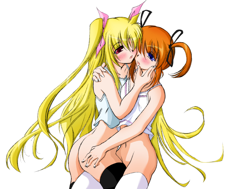 sakura yuu, fate testarossa, takamachi nanoha, lyrical nanoha, mahou shoujo lyrical nanoha, mahou shoujo lyrical nanoha a's, 00s, 2girls, ass, blonde hair, blue eyes, blush, bottomless, camisole, leg straddle, long hair, multiple girls, orange hair, red eyes, red hair, simple background, thighhighs, twintails, very long hair, yuri