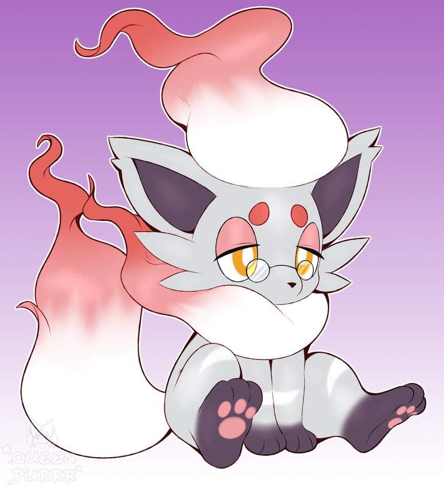 queen purrr, hisuian zorua, nintendo, pokemon, commission, animal focus, artist name, bright pupils, full body, glasses, gradient background, gradient hair, half-closed eyes, looking afar, multicolored hair, neck fur, no humans, orange eyes, outline, pawpads, pince-nez, pokemon (creature), purple background, red hair, round eyewear, short hair, simple background, sitting, solo, thick eyebrows, two-tone hair, watermark, white hair, white outline, white pupils