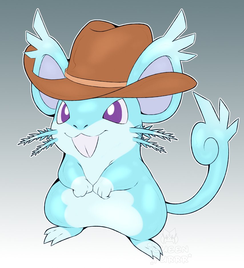 queen purrr, nidoran, nidoran (female), rattata, nintendo, pokemon, commission, :3, animal focus, artist name, bright pupils, brown hat, buck teeth, closed mouth, clothed pokemon, cowboy hat, ears through headwear, full body, fusion, gen 1 pokemon, gradient background, grey background, hat, looking afar, no humans, outline, pokemon (creature), purple eyes, simple background, solo, standing, teeth, watermark, white outline, white pupils