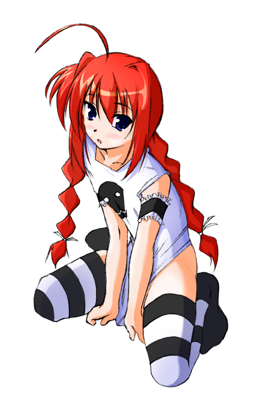 sakura yuu, vita (nanoha), lyrical nanoha, mahou shoujo lyrical nanoha, mahou shoujo lyrical nanoha a's, 00s, 1girl, ahoge, arm garter, arm support, between legs, blue eyes, braid, female focus, hand between legs, kneeling, long hair, no pants, red hair, shirt, shirt tug, simple background, solo, striped clothes, striped thighhighs, t-shirt, thighhighs, twin braids, white background