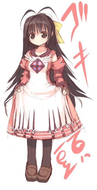 kashiwamochi yomogi, yogurting, 1girl, antenna hair, black eyes, black hair, clothes lift, dress, dress lift, female focus, hair ribbon, long hair, pantyhose, ribbon, simple background, sketch, solo, very long hair
