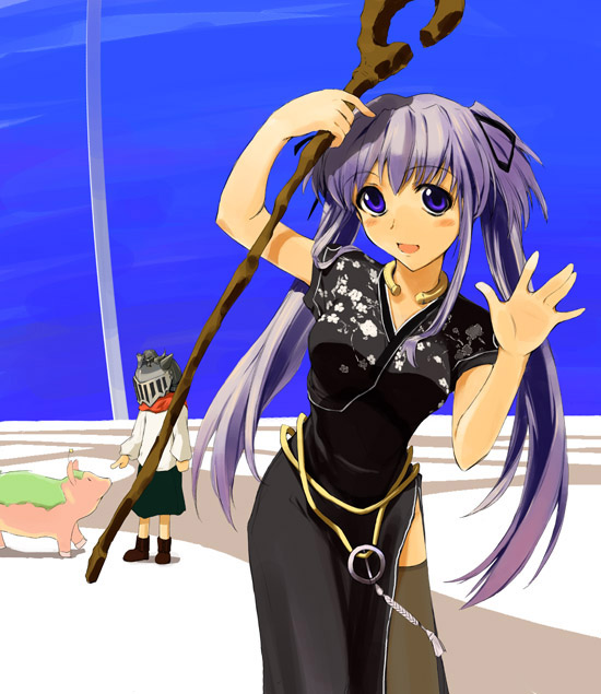 kirikawa ikumu, nao (mabinogi), tin, tin (mabinogi), mabinogi, screencap, 2girls, blue eyes, glowing, long hair, magic circle, multiple girls, purple hair, staff, thighhighs, twintails