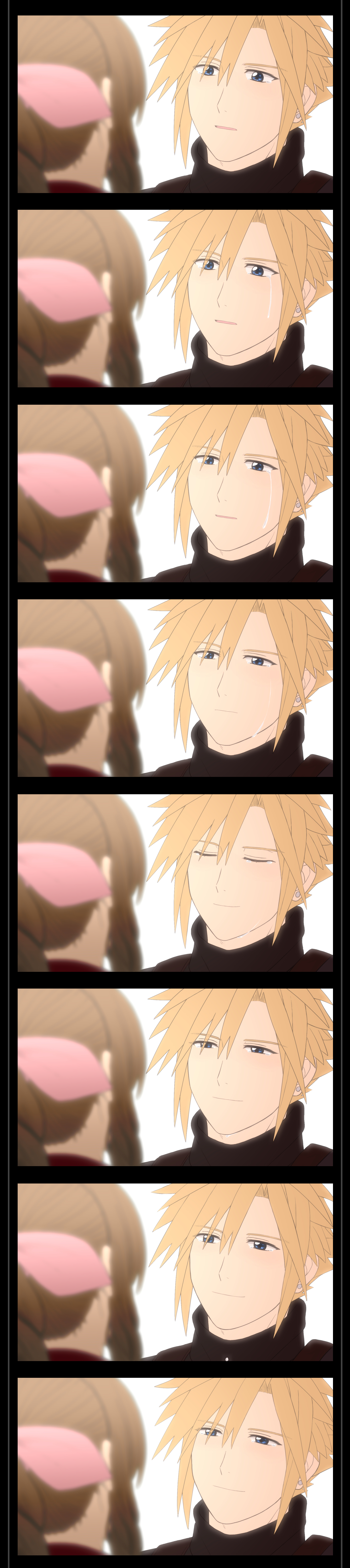 ameiro0814, aerith gainsborough, cloud strife, final fantasy, final fantasy vii, final fantasy vii rebirth, final fantasy vii remake, absurdres, highres, long image, tall image, 1boy, 1girl, black border, blonde hair, blurry, blurry foreground, border, braid, braided ponytail, brown hair, closed eyes, closed mouth, crying, earrings, hair between eyes, hair ribbon, jacket, jewelry, long hair, looking at another, multiple views, parted lips, pink ribbon, red jacket, ribbon, short hair, sidelocks, single braid, single earring, spiked hair, suspenders, tears, turtleneck, upper body, white background