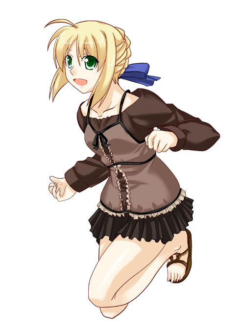 silvermoon, artoria pendragon (fate), saber (fate), fate/stay night, fate (series), 00s, 1girl, ahoge, barefoot, black skirt, blonde hair, braid, brown shirt, casual, female focus, full body, green eyes, hair ribbon, official alternate costume, pleated skirt, ribbon, sandals, shirt, simple background, single braid, skirt, solo, white background