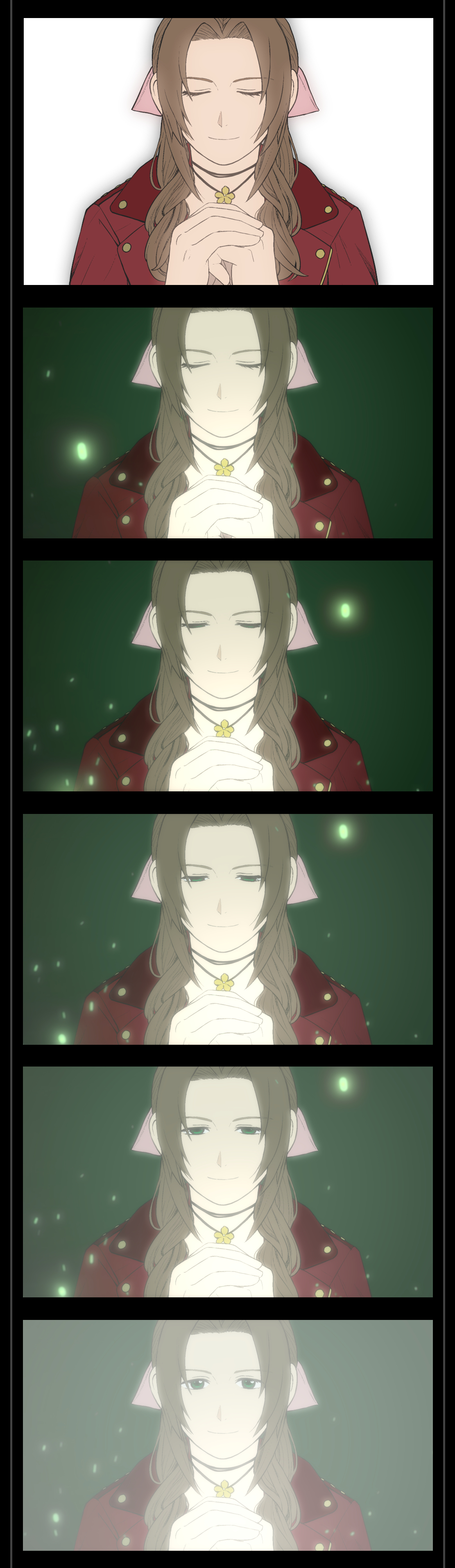 ameiro0814, aerith gainsborough, final fantasy, final fantasy vii, final fantasy vii rebirth, final fantasy vii remake, absurdres, highres, 1girl, black border, border, choker, closed eyes, closed mouth, flower choker, green background, green eyes, hair ribbon, half-closed eyes, jacket, lifestream, light smile, long hair, multiple views, own hands clasped, own hands together, parted bangs, pink ribbon, praying, red jacket, ribbon, sidelocks, solo, upper body, wavy hair, white background