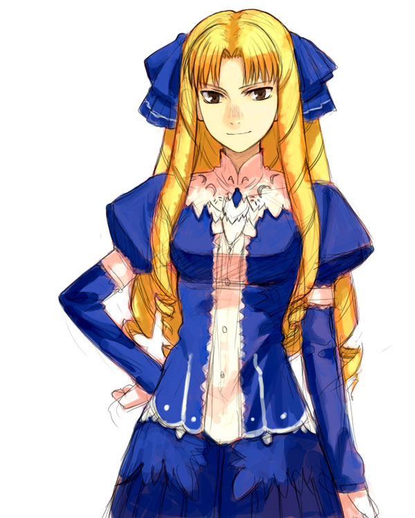 yu 65026, luviagelita edelfelt, fate/hollow ataraxia, fate/stay night, fate (series), 00s, 1girl, blonde hair, blue dress, bow, brown eyes, dress, drill hair, female focus, hair bow, hand on own hip, lace, lace-trimmed dress, lace trim, long hair, looking at viewer, simple background, sketch, solo, white background