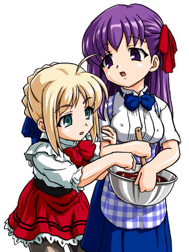 bandabekken, artoria pendragon (fate), matou sakura, saber (fate), fate/stay night, fate (series), black legwear, 00s, 2girls, ahoge, alternate costume, apron, blonde hair, blouse, braid, braided bun, breasts, bronze parrot, chocolate, cooking, covered erect nipples, gingham apron, green eyes, hair bun, kobeya uniform, large breasts, long hair, mixing bowl, multiple girls, open mouth, pantyhose, plaid apron, plaid clothes, purple eyes, purple hair, shirt, simple background, waitress, white background, white shirt
