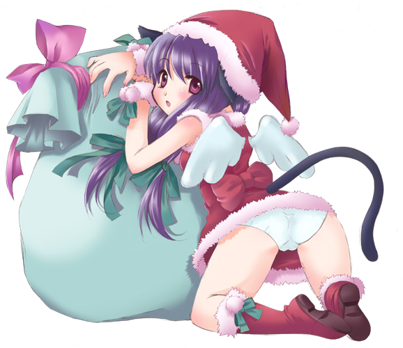 arima natsubon, 1girl, animal ears, ass, back, boots, bow, cat ears, cat tail, christmas, dress, female focus, from behind, hair ribbon, hat, knee boots, kneeling, long hair, looking back, panties, pink bow, purple eyes, purple hair, ribbon, santa costume, santa hat, short dress, solo, tail, tress ribbon, underwear, white panties, wings