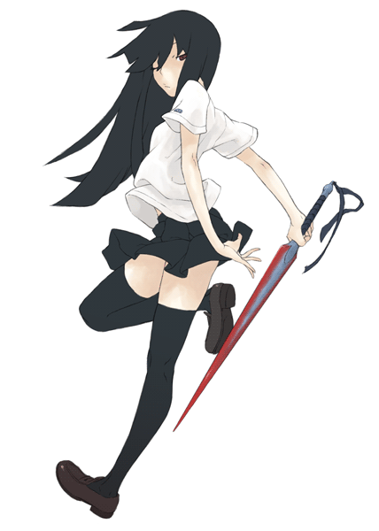 jiyu2, original, 1girl, arms behind back, black thighhighs, female focus, from behind, holding, holding sword, holding weapon, legs, long hair, looking at viewer, looking back, red eyes, simple background, skinny, solo, sword, thighhighs, weapon, white background