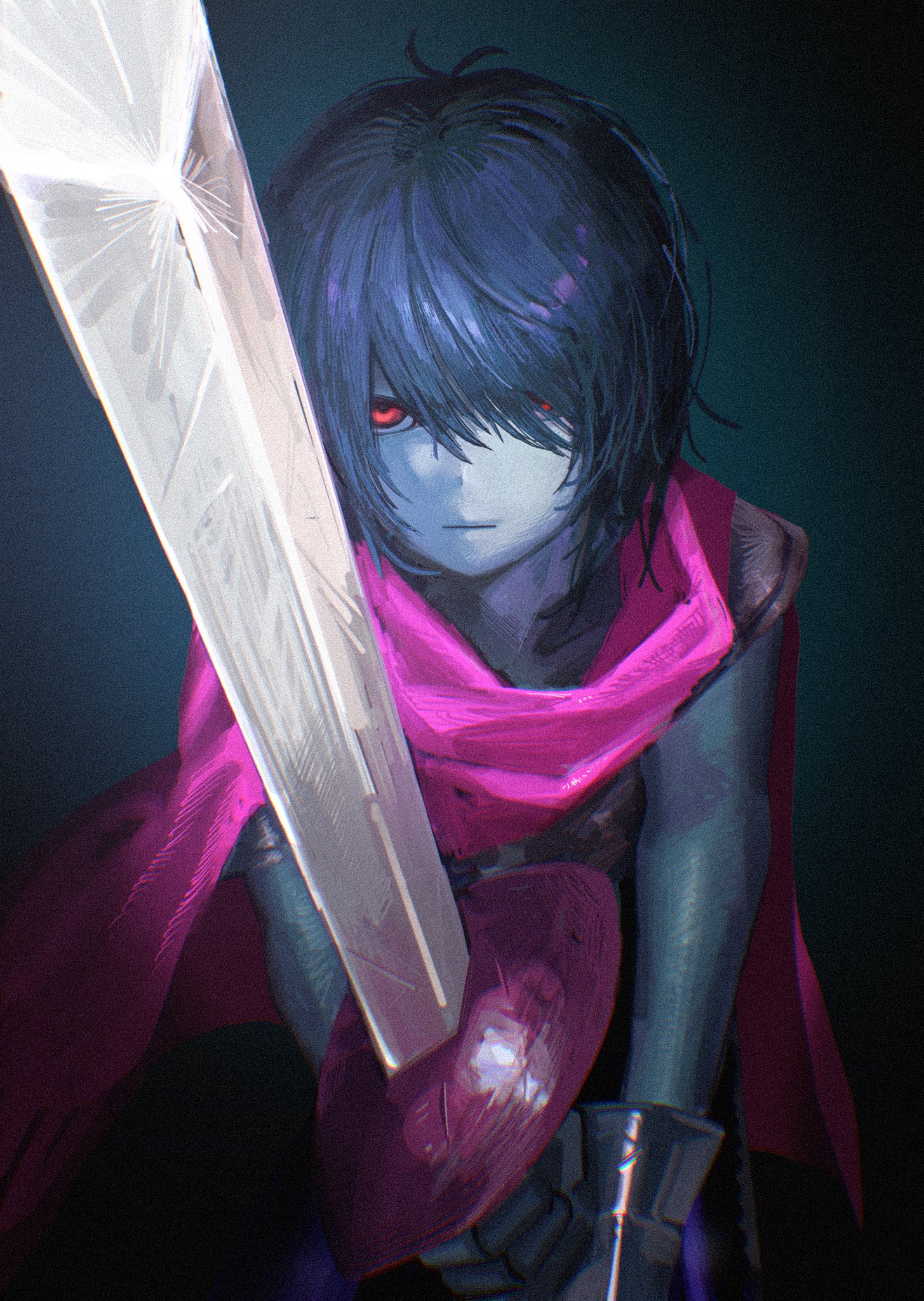 kris (dark world) (deltarune), kris (deltarune), deltarune, utdr (toby fox), highres, 1other, antenna hair, armor, armored gloves, blue background, blue hair, blue skin, cape, chromatic aberration, closed mouth, colored skin, film grain, foreshortening, gloves, grey gloves, hair over one eye, holding, holding sword, holding weapon, looking at viewer, n6er2, other focus, pink cape, red eyes, short hair, shoulder armor, simple background, solo, swept bangs, sword, two-handed, upper body, vignetting, weapon