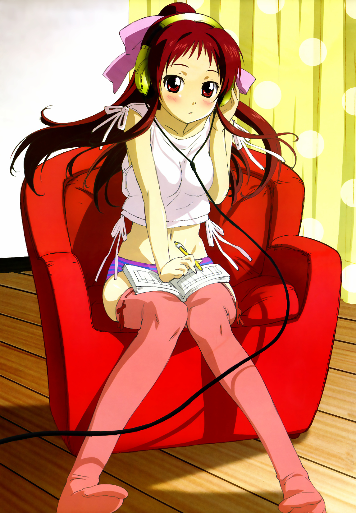 morioka hideyuki, onda aka, rec (manga), highres, official art, scan, 00s, 1girl, blush, brown eyes, brown hair, cable, chair, couch, crop top, curtains, embarrassed, female focus, flat chest, hair ribbon, hand on own ear, headphones, long hair, midriff, music, no pants, notebook, panties, pen, pink thighhighs, polka dot, ponytail, red eyes, red hair, red upholstery, ribbon, shadow, sitting, solo, striped clothes, striped panties, tank top, thighhighs, underwear, voice actor, wooden floor