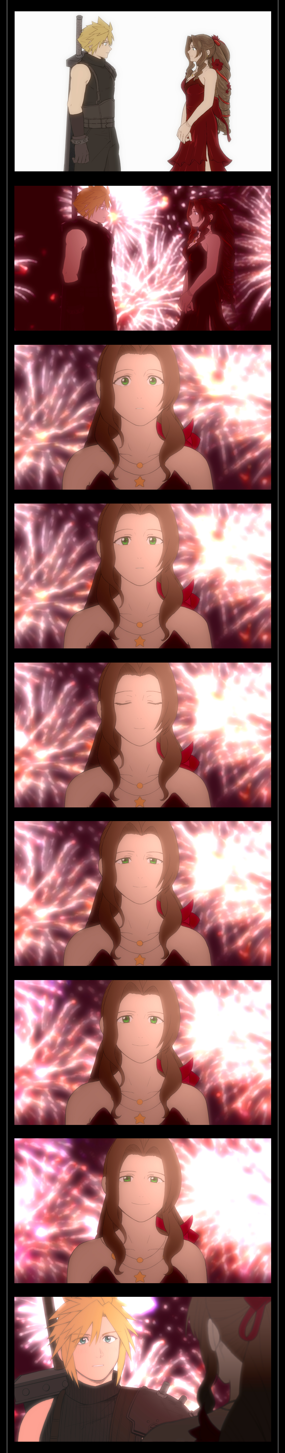 ameiro0814, aerith gainsborough, aerith gainsborough (red dress), cloud strife, final fantasy, final fantasy vii, final fantasy vii remake, absurdres, highres, long image, tall image, 1boy, 1girl, aqua eyes, armor, bare shoulders, belt, black border, black pants, black shirt, blonde hair, blurry, blurry foreground, border, bracelet, breasts, brown belt, brown gloves, brown hair, buster sword, cleavage, closed eyes, cowboy shot, dress, earrings, fireworks, flamenco dress, flower, frilled dress, frills, gloves, green eyes, hair between eyes, hair flower, hair ornament, hair ribbon, jewelry, light blush, long hair, looking at another, medium breasts, multiple belts, multiple necklaces, multiple views, necklace, official alternate costume, official alternate hairstyle, own hands together, pants, parted bangs, parted lips, pauldrons, ponytail, red dress, red flower, red ribbon, ribbon, ringlets, shirt, short hair, shoulder armor, side slit, sidelocks, single bare shoulder, single pauldron, sleeveless, sleeveless turtleneck, smile, spiked hair, star (symbol), star necklace, strapless, strapless dress, suspenders, turtleneck, upper body, v arms, weapon, weapon on back, white background