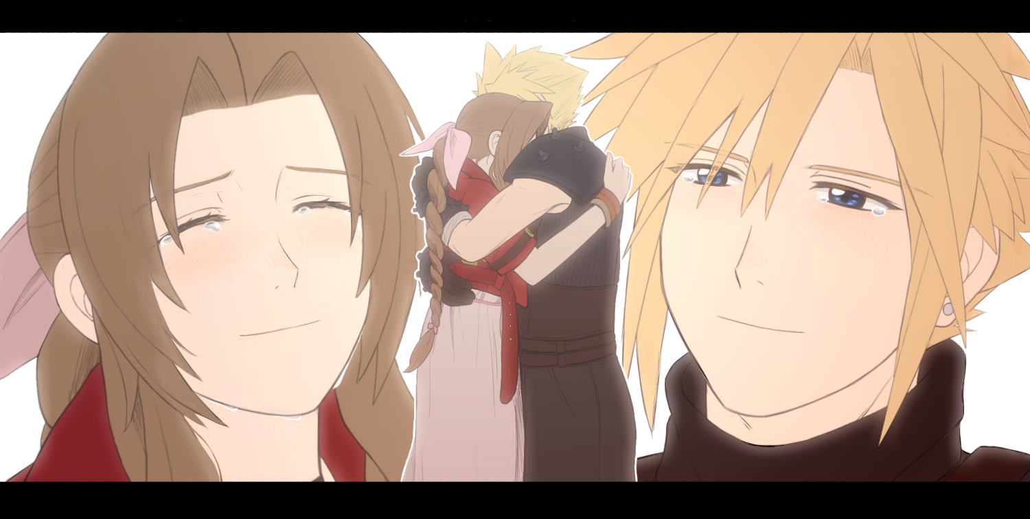 ameiro0814, final fantasy, final fantasy vii, final fantasy vii rebirth, final fantasy vii remake, 1boy, 1girl, armor, armored gloves, bandaged arm, bandages, bangle, belt, black pants, blonde hair, blue eyes, bracelet, braid, braided ponytail, brown belt, brown hair, closed eyes, couple, cropped jacket, dress, earrings, hair between eyes, hair ribbon, hetero, hug, jacket, jewelry, long dress, long hair, looking at another, multiple belts, pants, parted bangs, pauldrons, pink dress, pink ribbon, red jacket, ribbon, short hair, shoulder armor, sidelocks, single braid, single earring, single pauldron, sleeveless, sleeveless turtleneck, spiked hair, suspenders, tears, turtleneck, upper body, white background