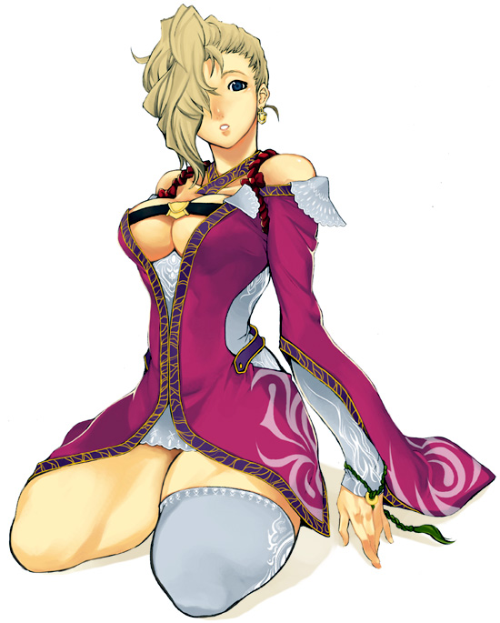 imigimuru, sialeeds falenas, gensou suikoden, gensou suikoden v, 1girl, asymmetrical clothes, bare shoulders, blonde hair, blue eyes, breasts, cleavage, cleavage cutout, clothing cutout, detached sleeves, dress, earrings, female focus, grey thighhighs, hair over one eye, jewelry, large breasts, no bra, short hair, single thighhigh, sitting, solo, thick thighs, thighhighs, thighs