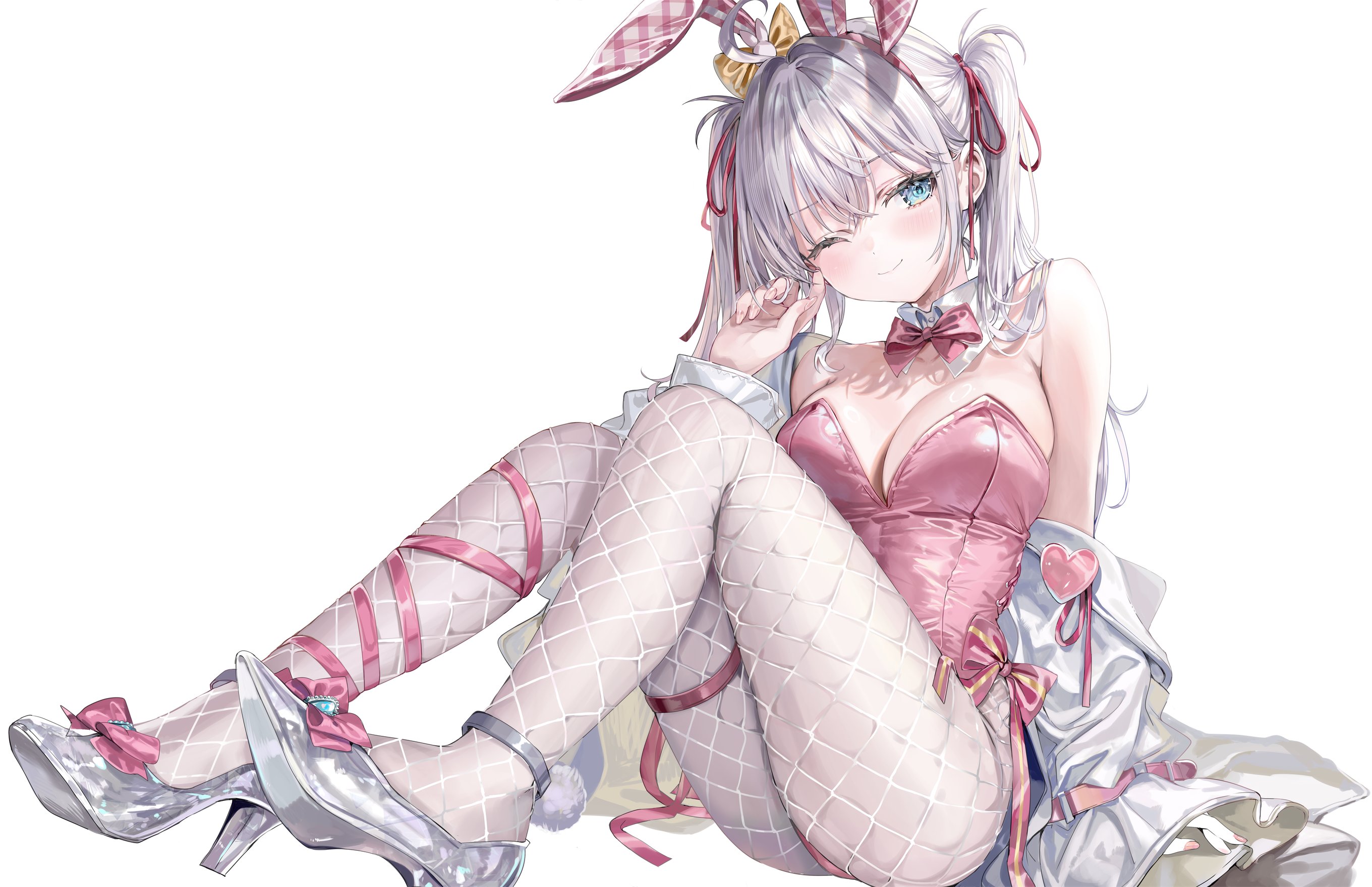 momoko (momopoco), alisa mikhailovna kujou, tokidoki bosotto roshia-go de dereru tonari no alya-san, commentary request, highres, 1girl, ahoge, alternate costume, animal ears, averting eyes, bare shoulders, blue eyes, blush, bow, bowtie, breasts, bunny day, cleavage, closed mouth, crossed bangs, detached collar, fake animal ears, fishnet pantyhose, fishnets, grey shoes, hair between eyes, hair ribbon, hairband, hand up, high heels, knees up, large breasts, leg ribbon, leotard, long hair, looking to the side, off shoulder, one eye closed, pantyhose, pink leotard, playboy bunny, rabbit ears, raised eyebrow, ribbon, shoes, simple background, sitting, smile, solo, strapless, strapless leotard, thigh ribbon, thigh strap, twintails, white background, white hair, white pantyhose